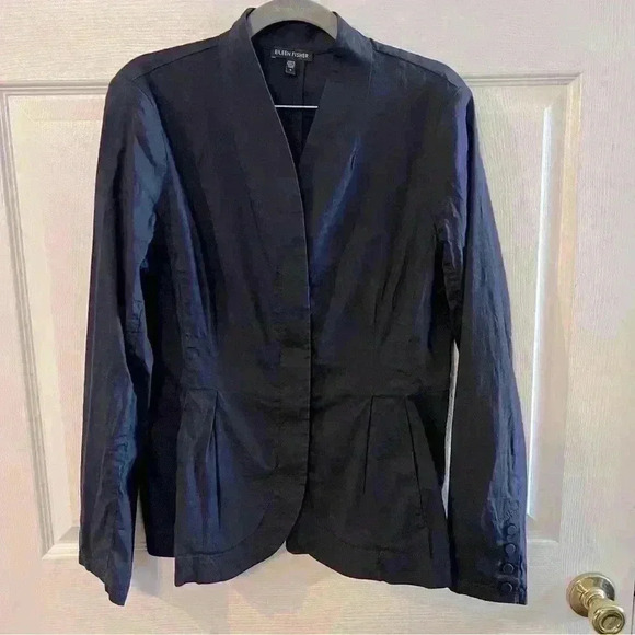 Eileen Fisher Linen Blend Zip Up Jacket Navy Blue Size XS EUC - Picture 1 of 7